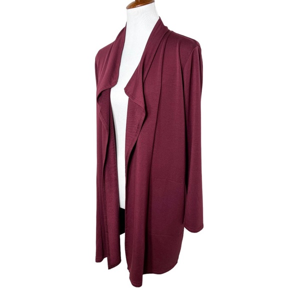 J. Jill Waterfall Draped Open Front Long Knit Burgundy Cardigan Small - Picture 4 of 10